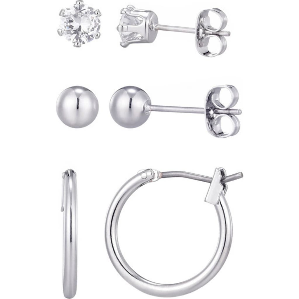 Adornia Set Of 3 Assorted Studs And Hoop Earrings In Silver