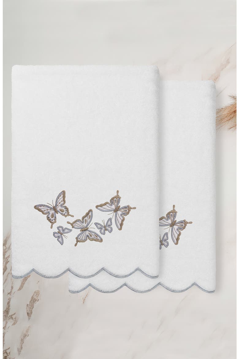 Britney Scallop Set of 2 Embroidered Bath Towels, Alternate, color, WHITE/ GRAY