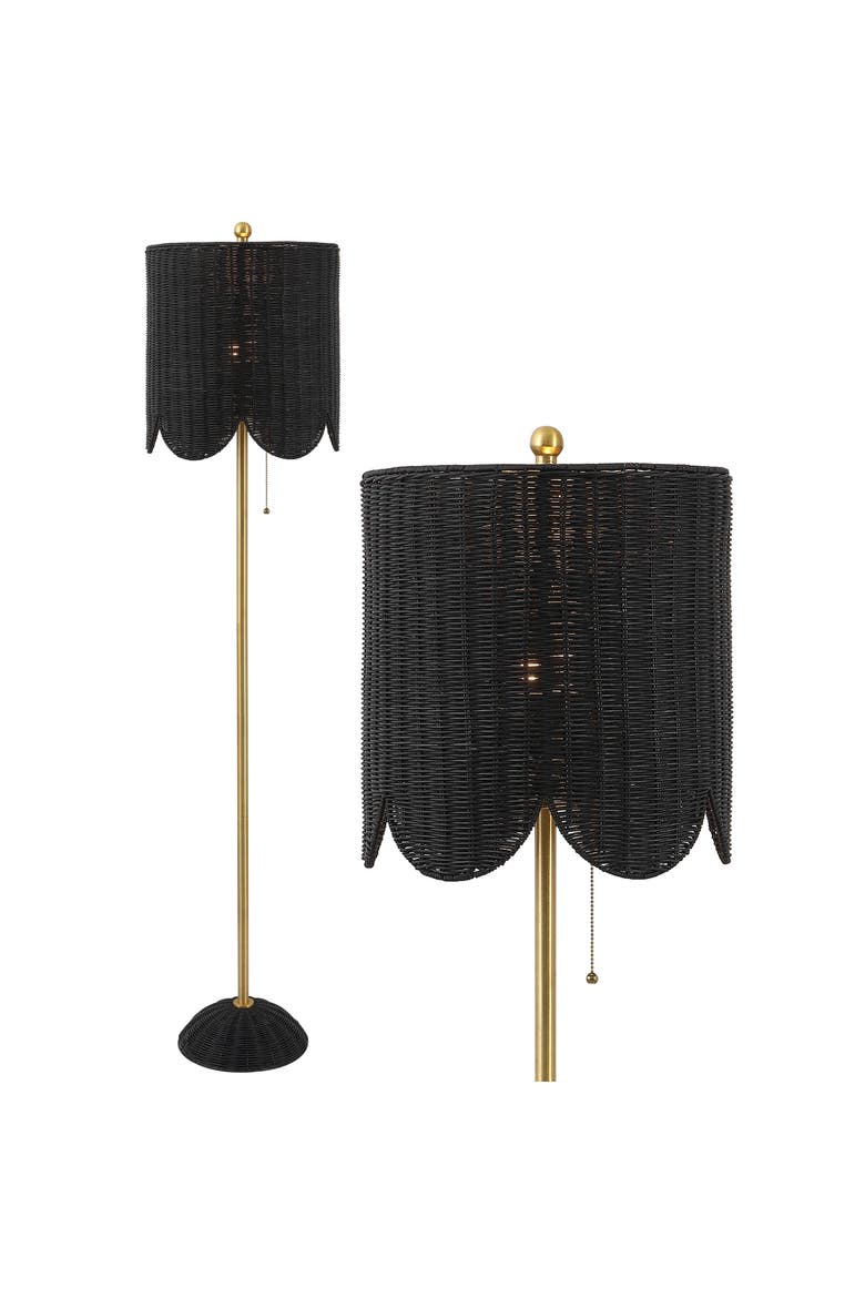 Joel Scallop Shade Rattan/Metal LED Floor Lamp with Pull Chain, Main, color, Black/Brass Gold