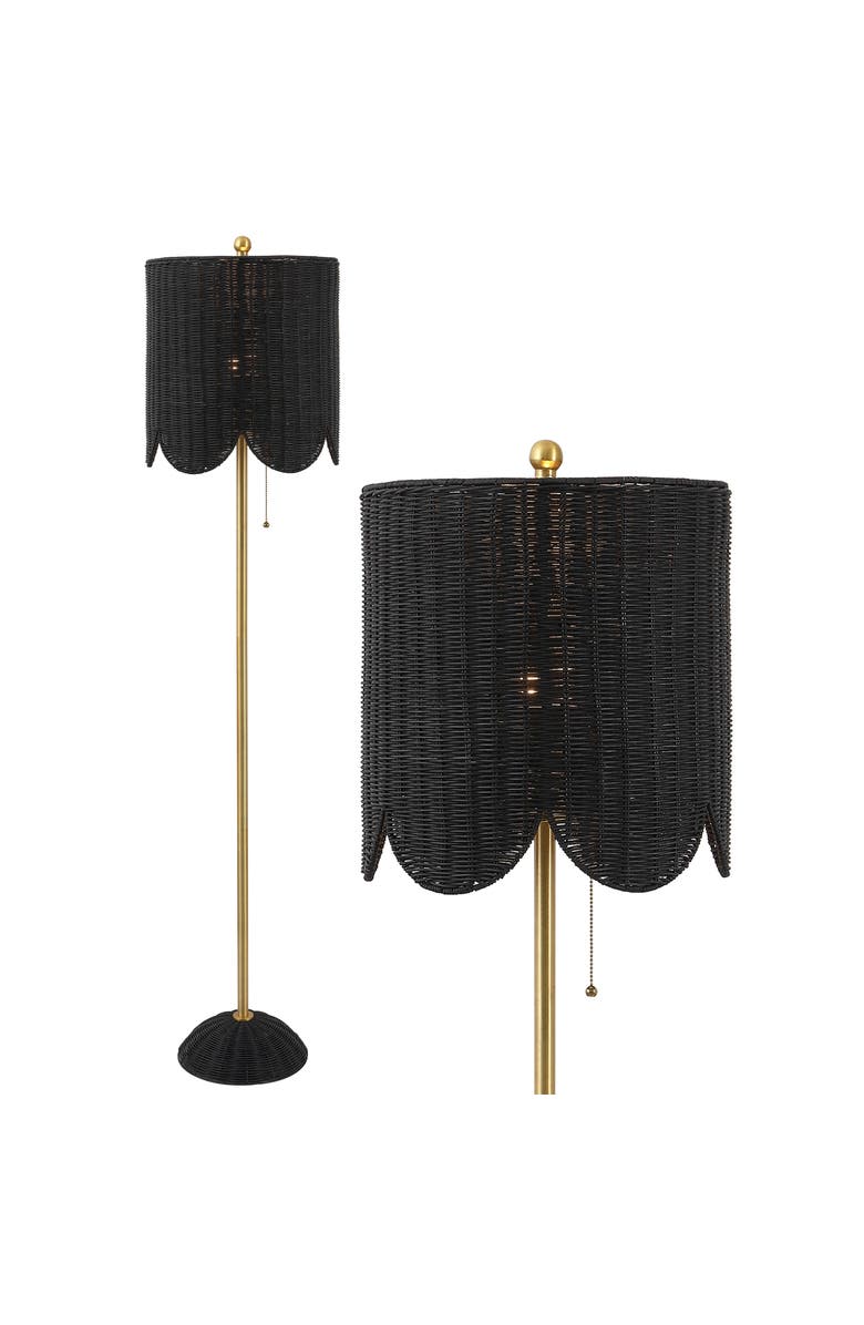 JONATHAN Y Joel Scallop Shade Rattan/Metal LED Floor Lamp with Pull Chain, Main, color, Black/Brass Gold