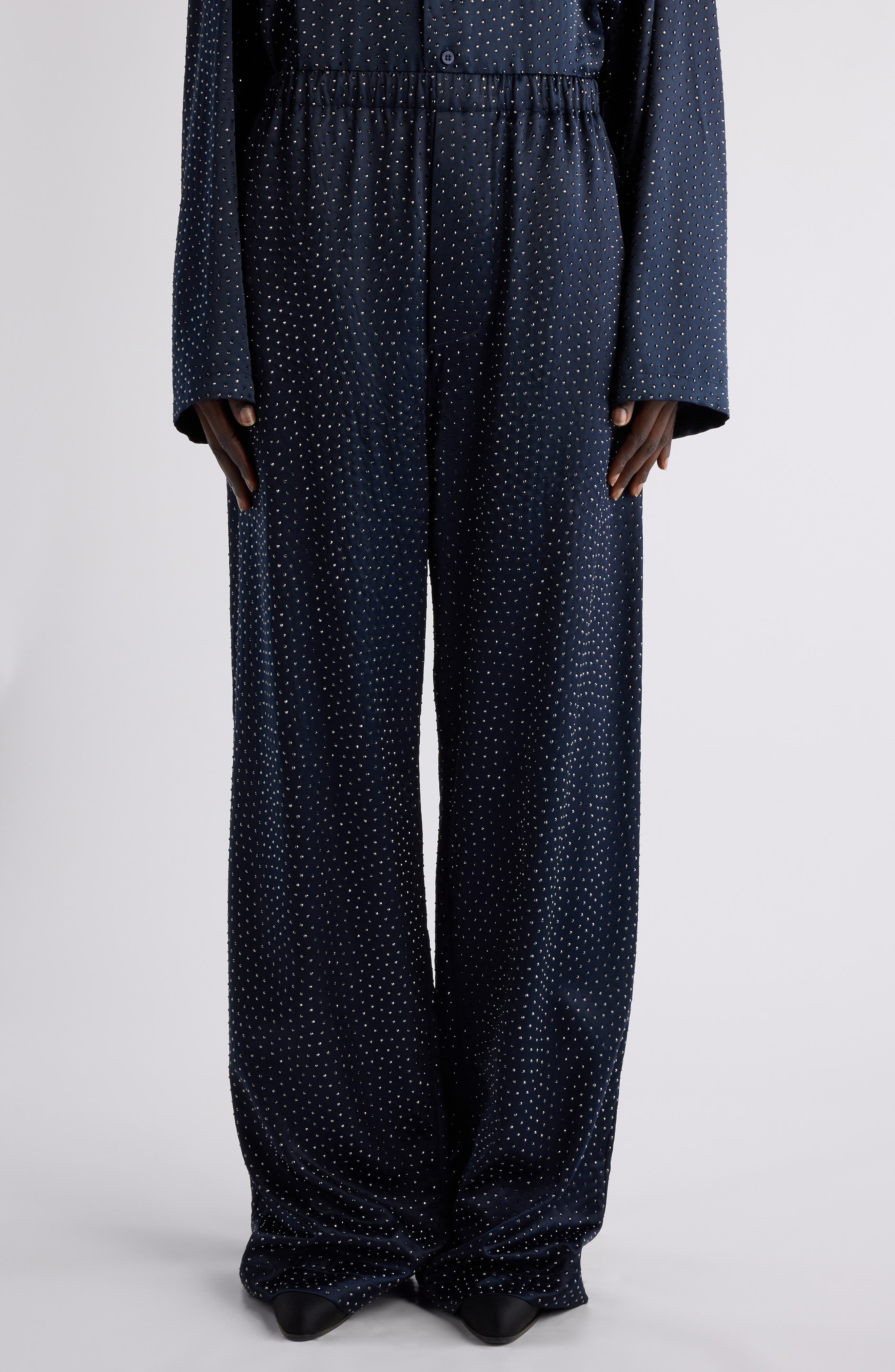 Crystal Embellished Satin Pajama Pants