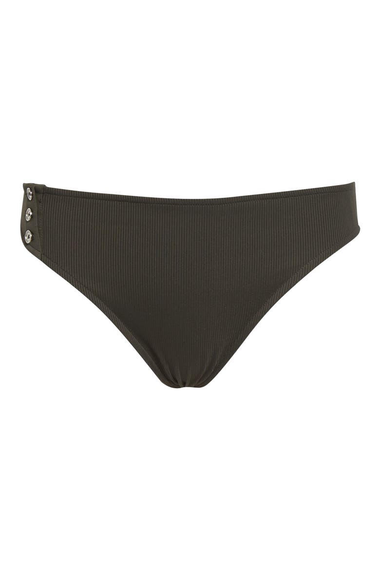 Side Button Ribbed Bikini Bottoms, Alternate, color, DARK GREEN