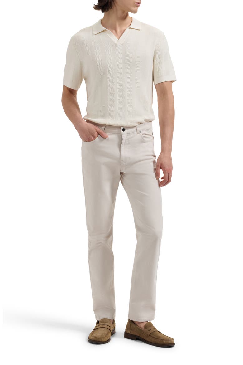 Johnny Collar Basket Stitch Cotton Blend Short Sleeve Sweater, Alternate, color, IVORY