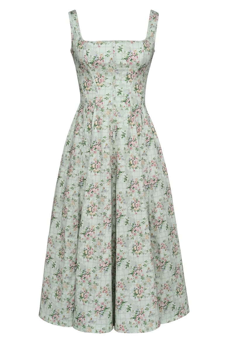 Mariabella Lace-Up Stretch Cotton Midi Dress, Alternate, color, VINTAGE FLORAL AND SAGE