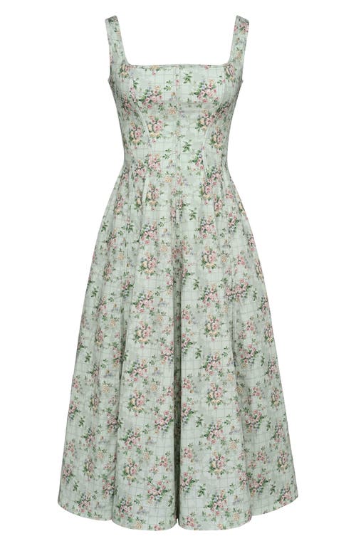 House Of Cb Mariabella Lace-up Stretch Cotton Midi Dress In Vintage Floral And Sage