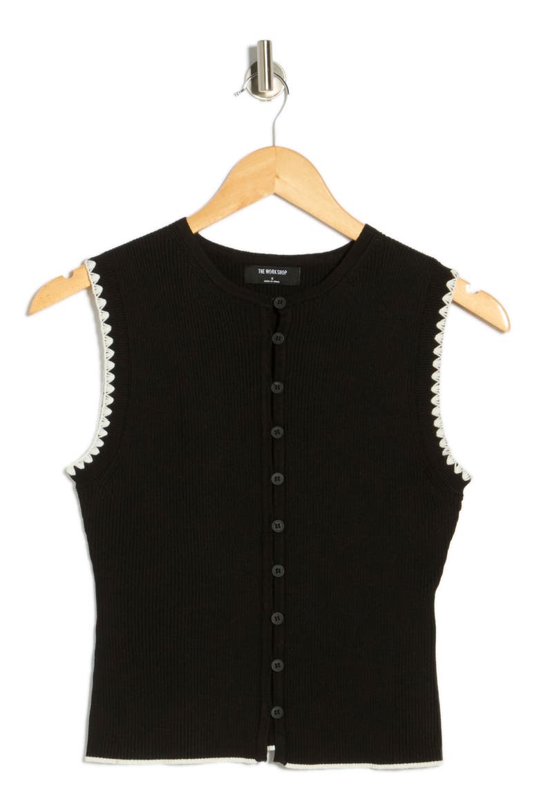 Contrast Stitch Knit Button Front Top, Alternate, color, BLACK