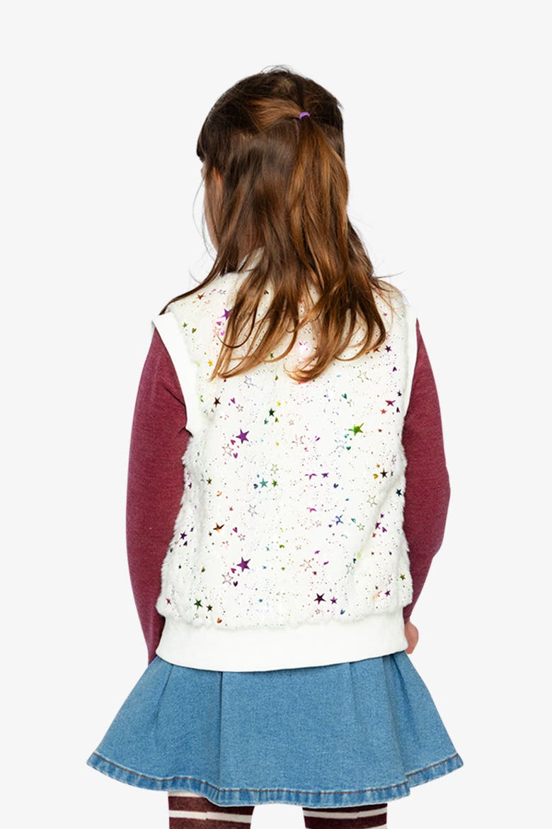 Faux Fur Sleeveless Star Pattern Front Zipper Vest, Alternate, color, Multicolored Stars