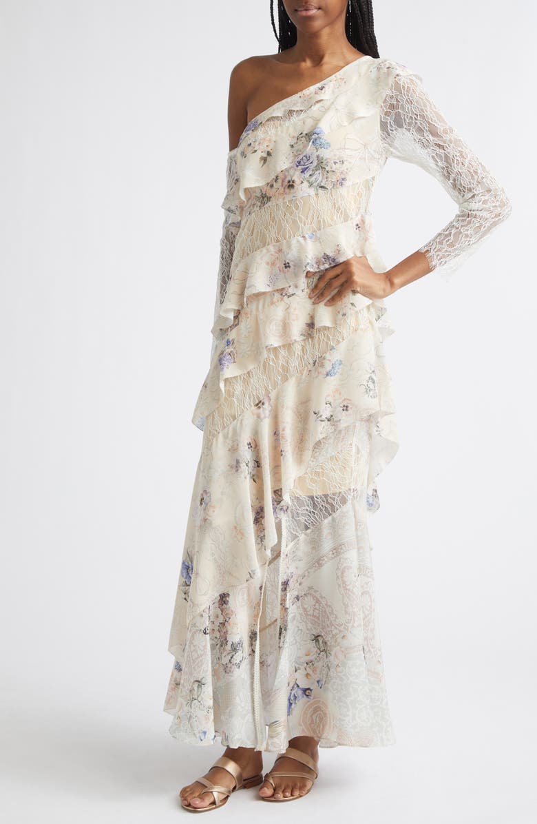 Camilla Laced with Love Asymmetric Frill Paneled One-Shoulder Long Sleeve Maxi Dress, Alternate, color, Laced With Love