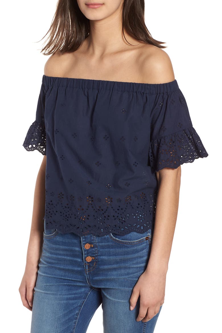 Off the Shoulder Eyelet Top, Main, color, TWILIGHT