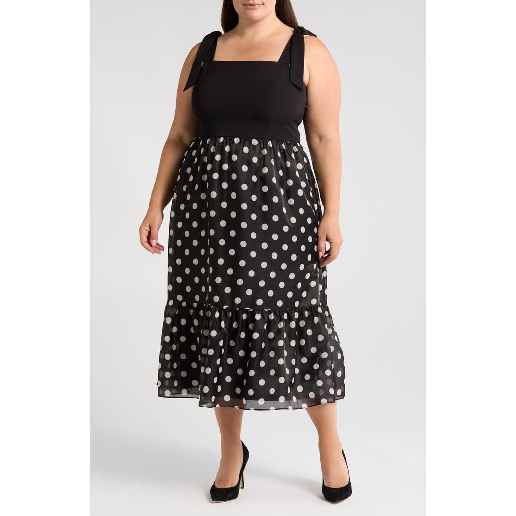 Anne Klein Plus Size Tie-strap Polka-dot Midi Dress In Black