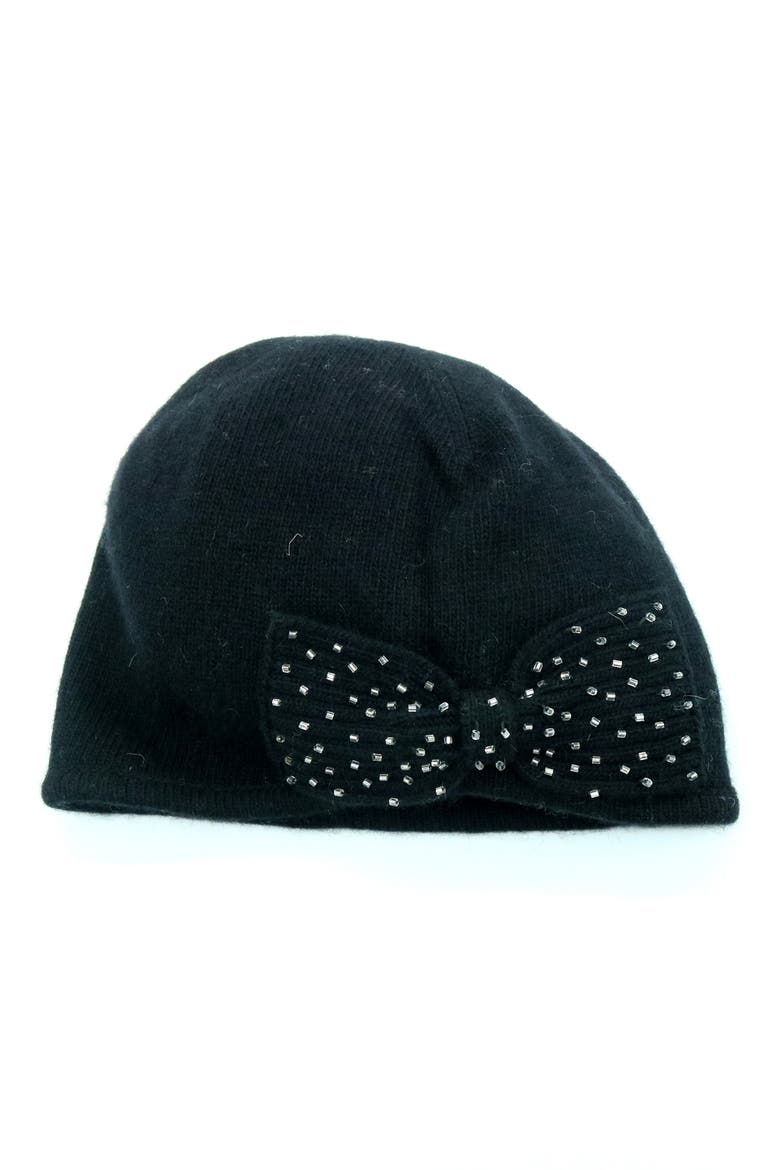 Minerva Beaded Bow Beanie, Main, color, BLK