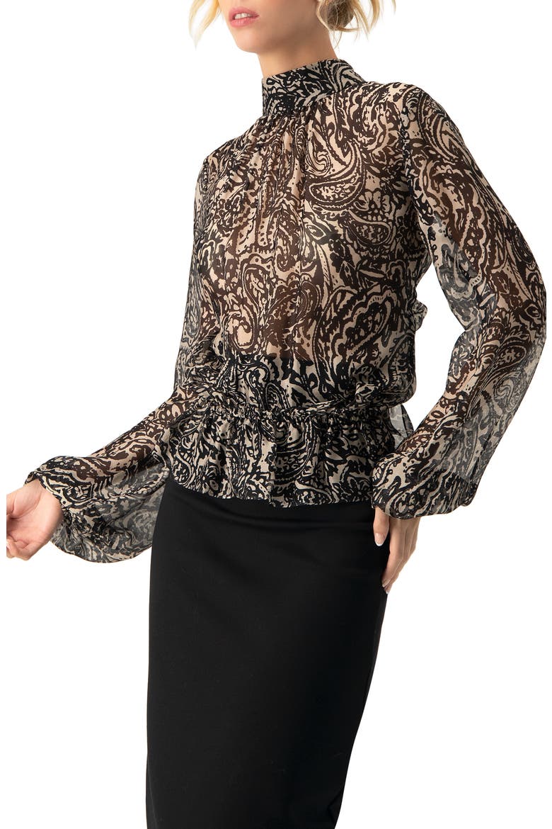 High Neck See-Through Paisley Blouse, Alternate, color, Black