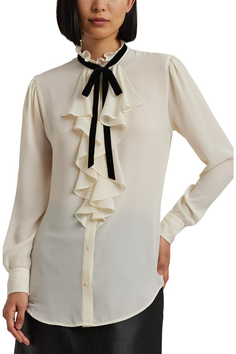 Ruffle Trim Georgette Button-Up Shirt, Main, color, MASCARPONE CREAM/ BLACK