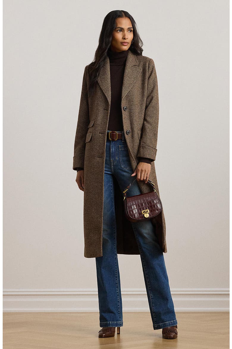 Longline Herringbone Wool Blend Reefer Coat, Alternate, color, BROWN BROKEN TWILL