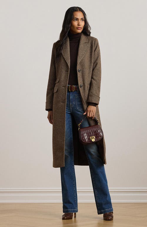 Ralph Lauren Lauren Longline Herringbone Wool Blend Reefer Coat In Brown