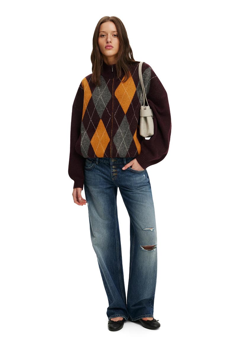 Women's Argyle Funnel Knit Bomber, Alternate, color, Sour Cherry Argyle