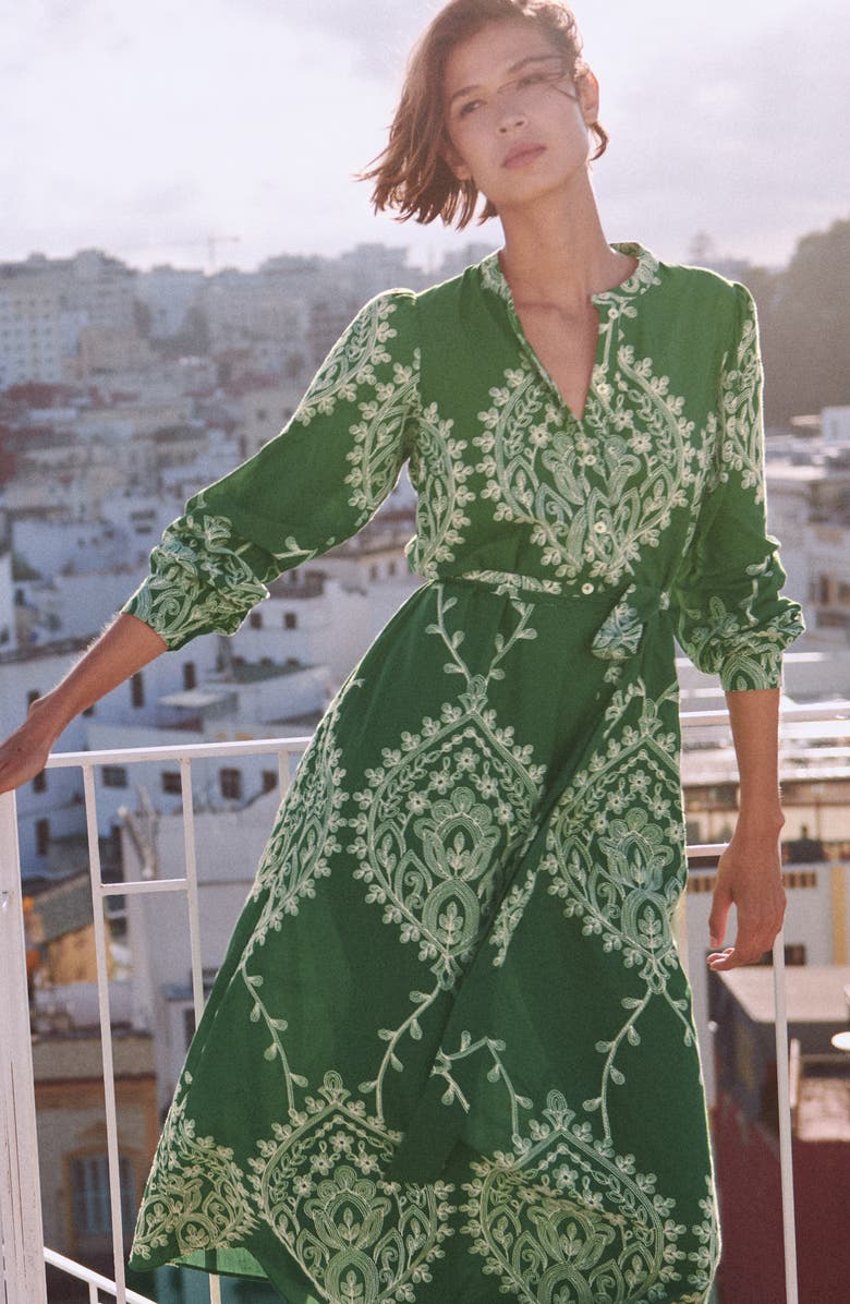 Boden Ava Embroidered Long Sleeve Cotton Midi Dress, Alternate, color, Green Broderie