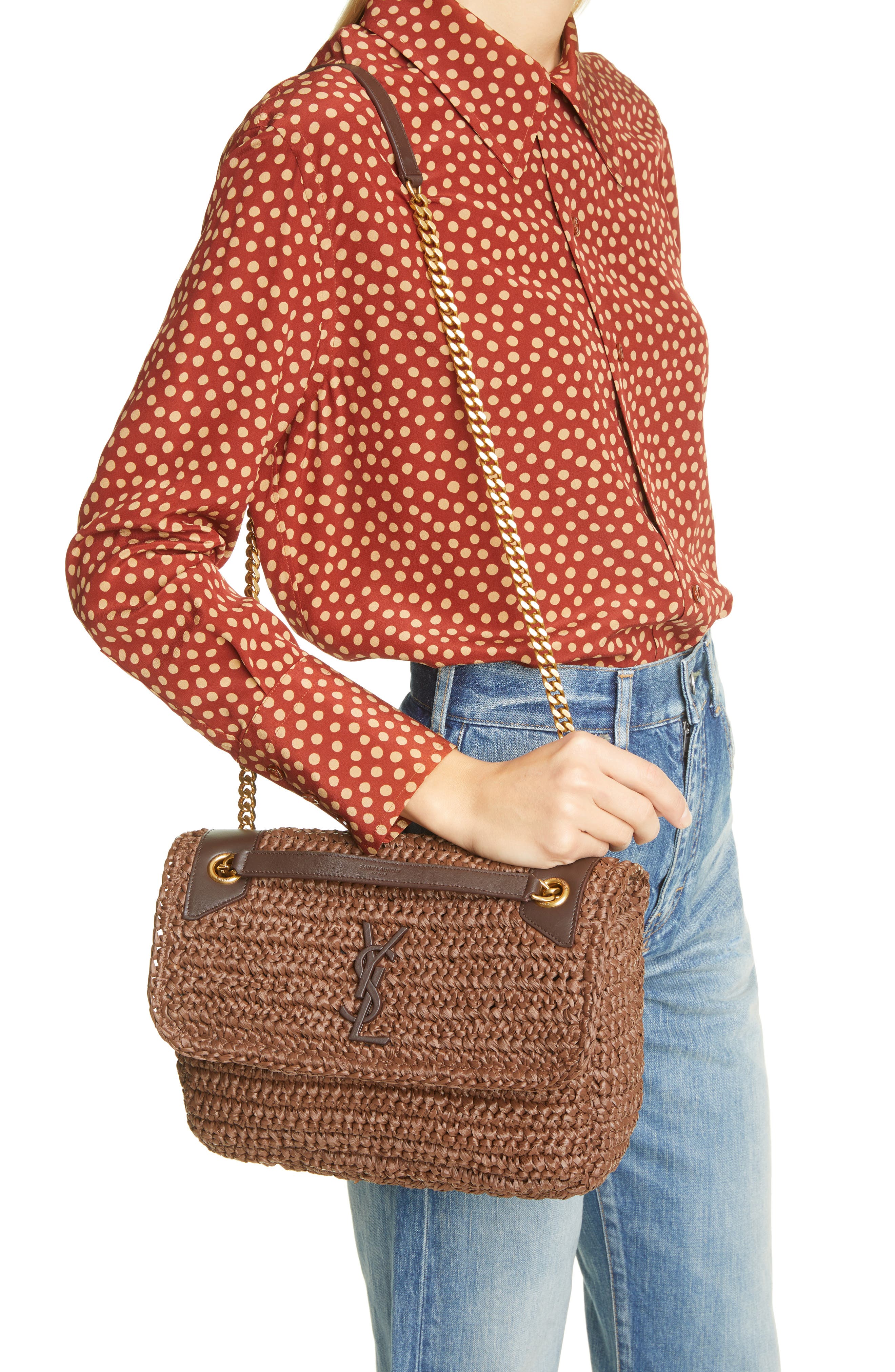 Saint Laurent Medium Niki Raffia Shoulder Bag, Alternate, color, 