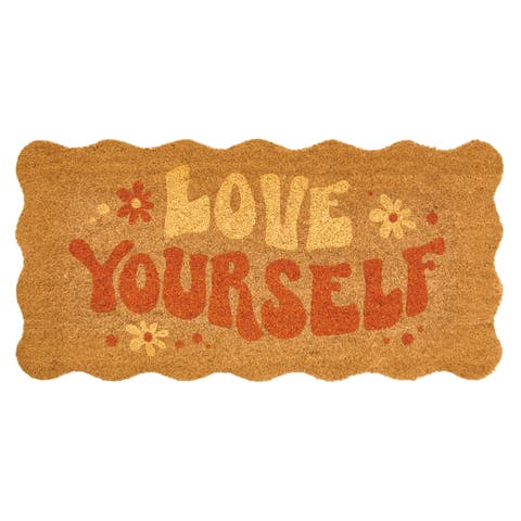 Love Yourself Scalloped Coir Rectangular Doormat, Orange