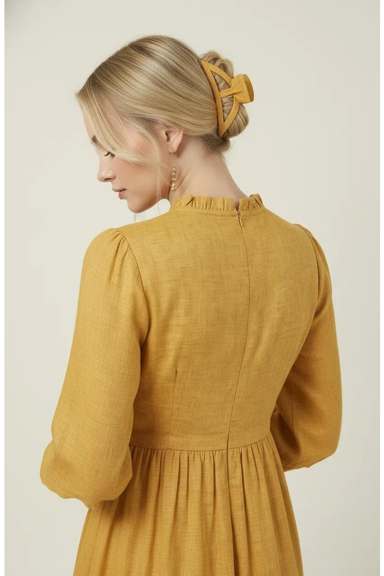 Midi Shirred Neckline Tie Front Long Sleeve Tiered Hem Dress, Alternate, color, Mustard Yellow