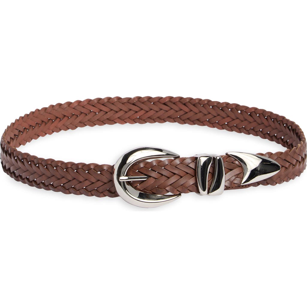 Vince Camuto Sculptural Buckle Woven Leather Belt in Cognac Silver at Nordstrom Rack, Size Small