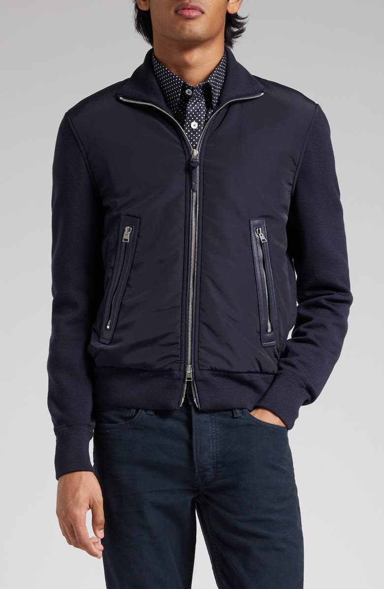 TOM FORD Mixed Media Funnel Neck Zip Sweater, Main, color, Blue