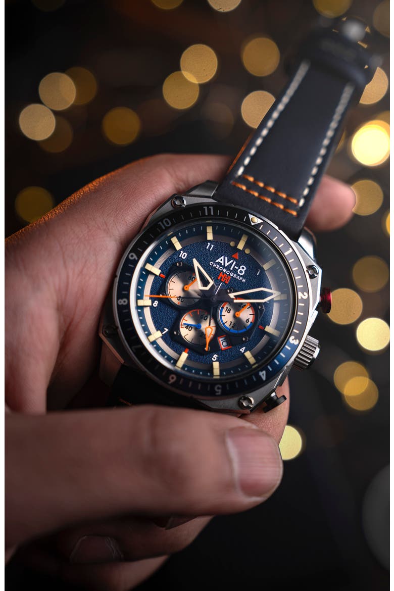 Hawker Hunter Atlas Pavillion Blue Dual Time Chronograph Leather Strap Watch, 43mm, Alternate, color, BLUE