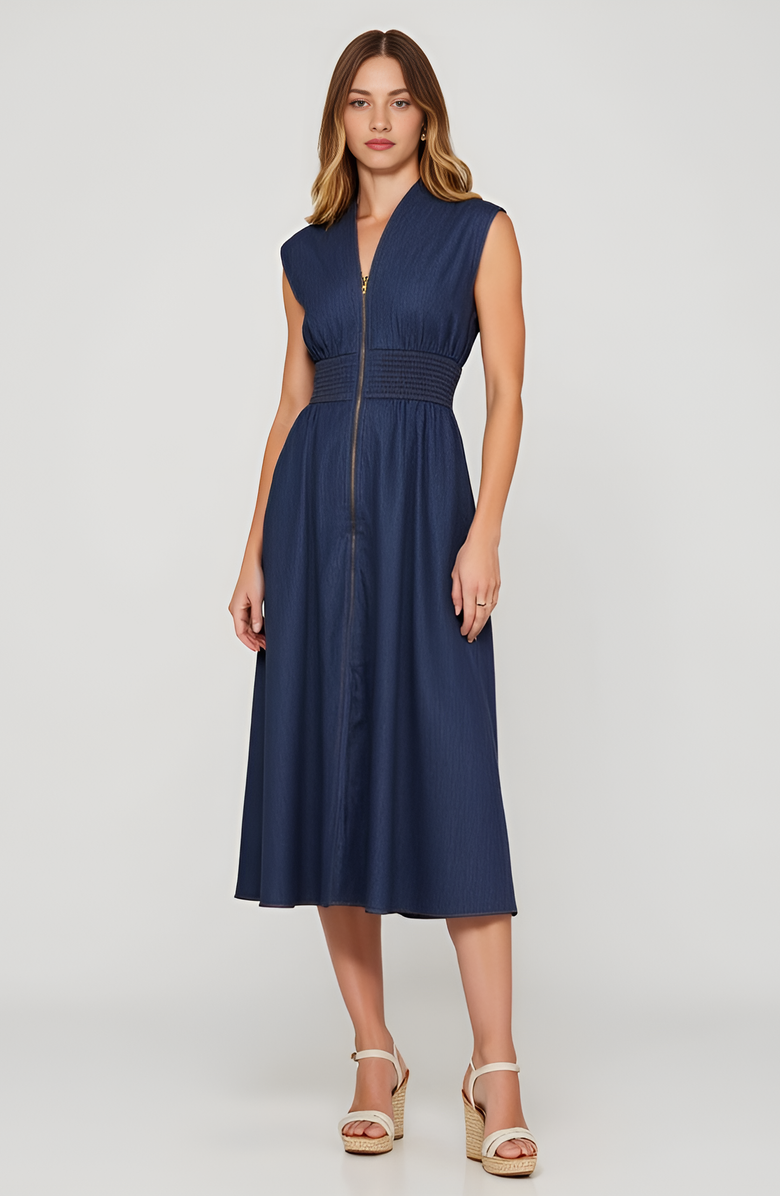 Zip Front Sleeveless Denim Midi Dress with Smocked Waist Detail