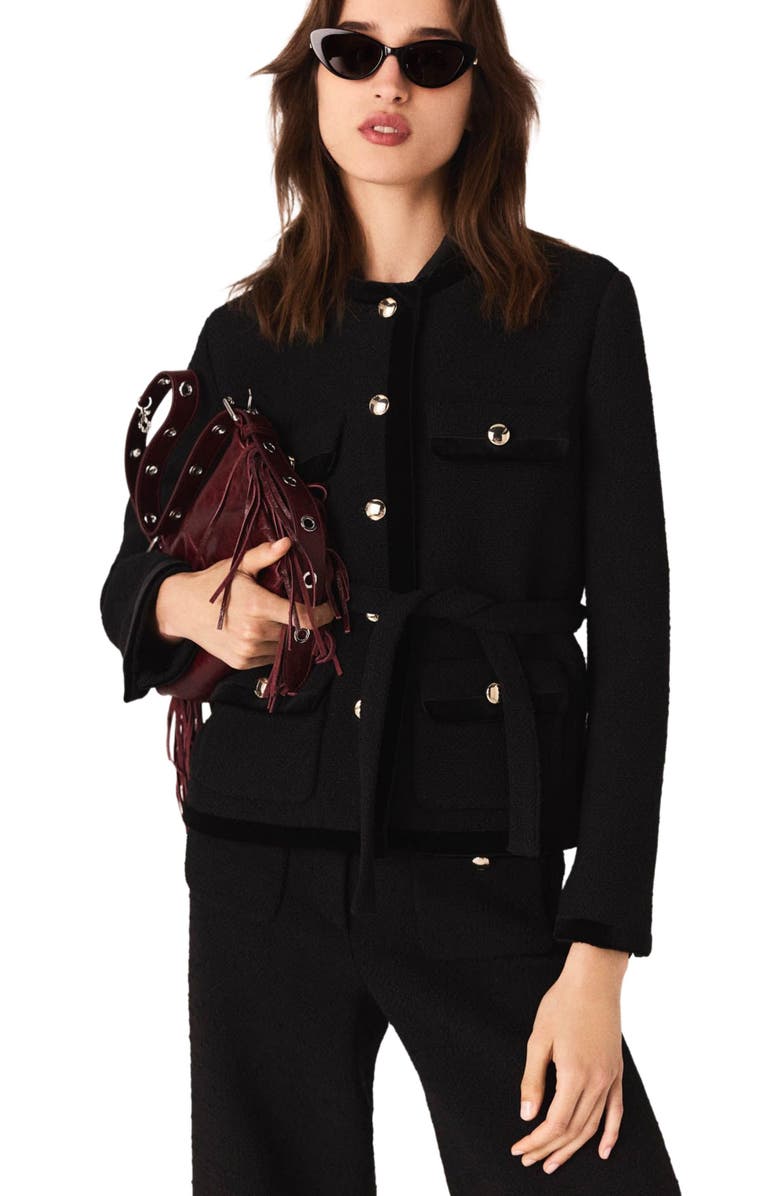maje Long tweed jacket, Alternate, color, Black