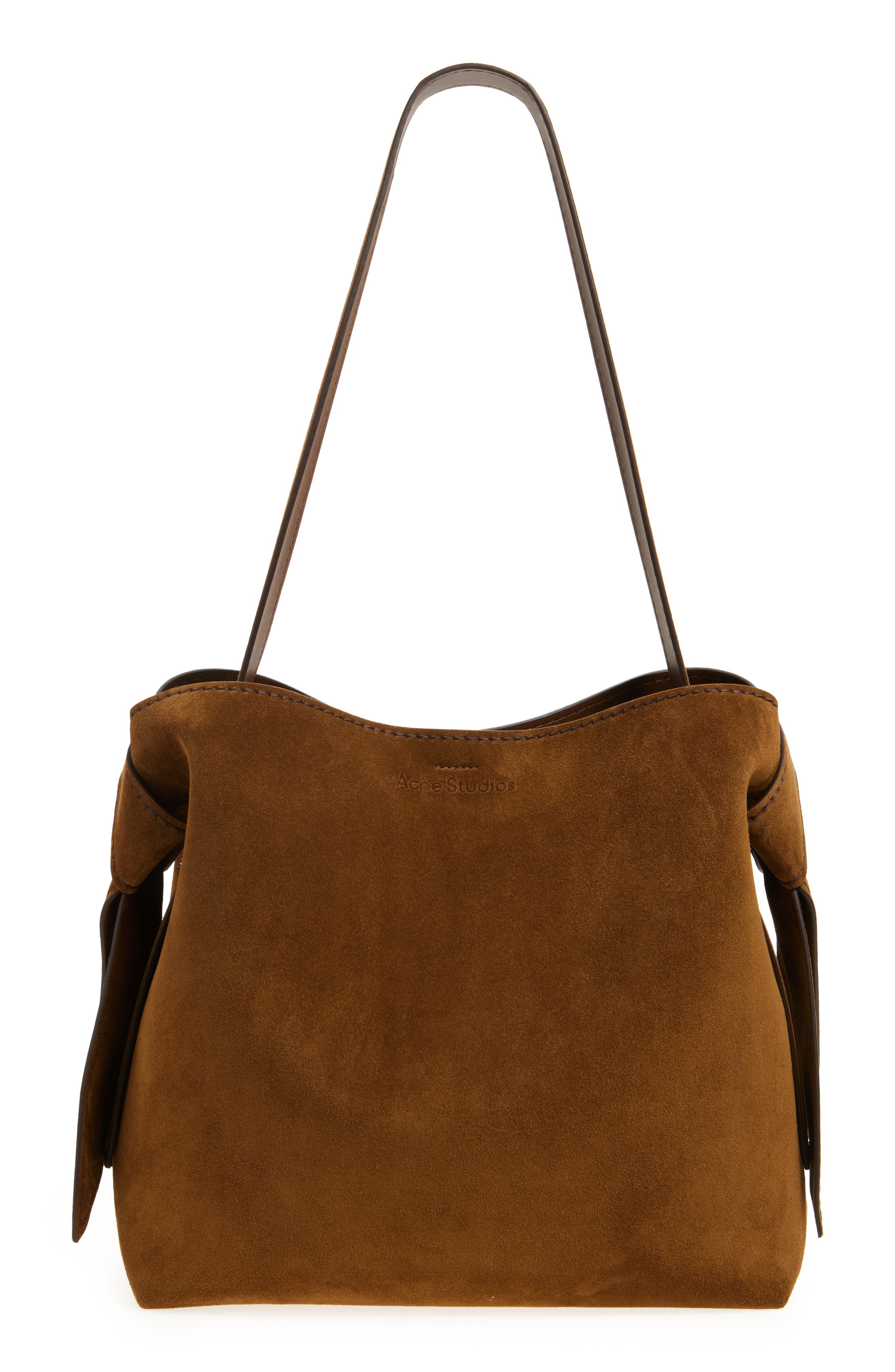 Acne Studios Midi Musubi Suede Shoulder Bag, Main, color, Cognac Brown