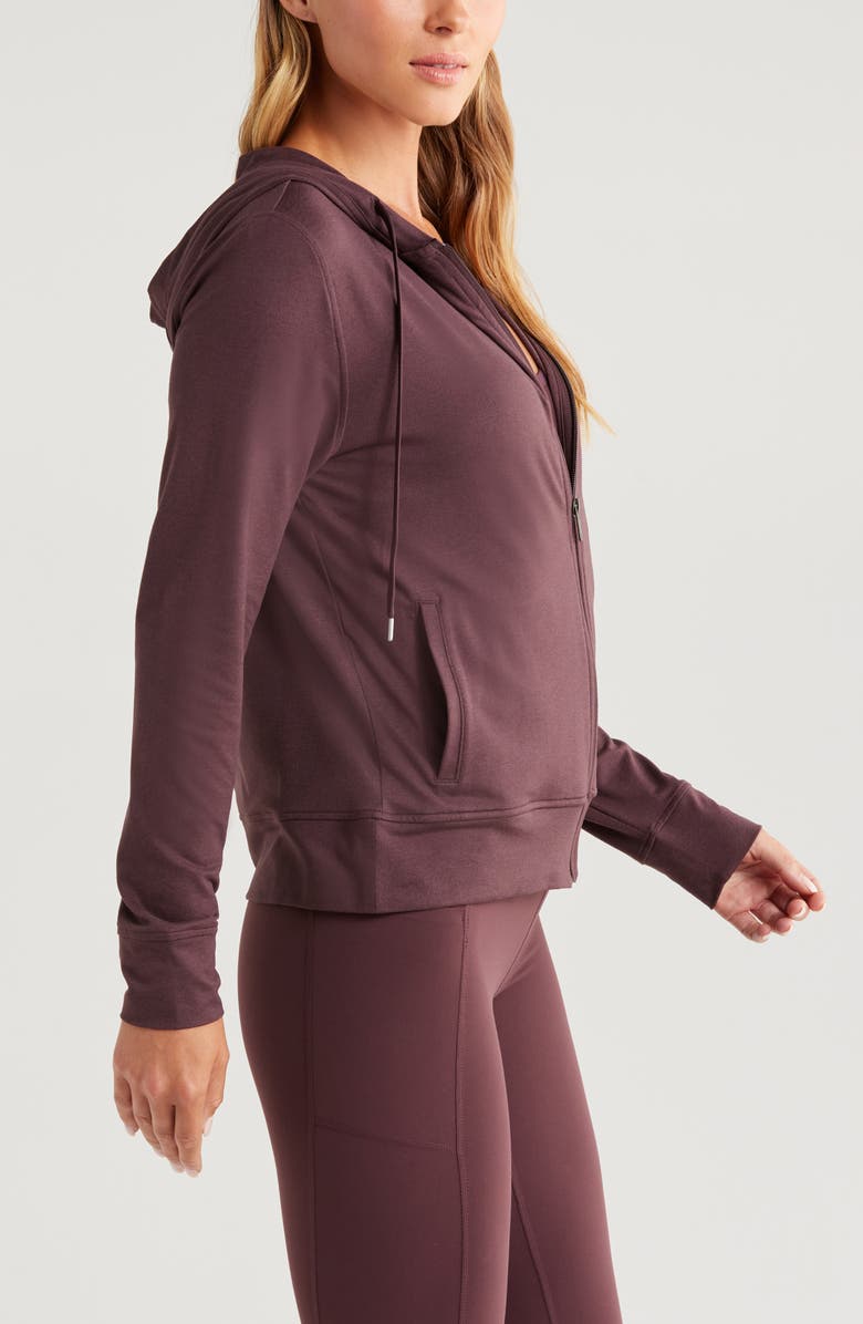 Zella Restore Soft Zip-Up Hoodie, Alternate, color, Burgundy Fudge