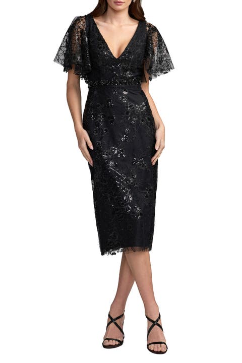 Embellished Illusion Butterfly Sleeve Cocktail Dress