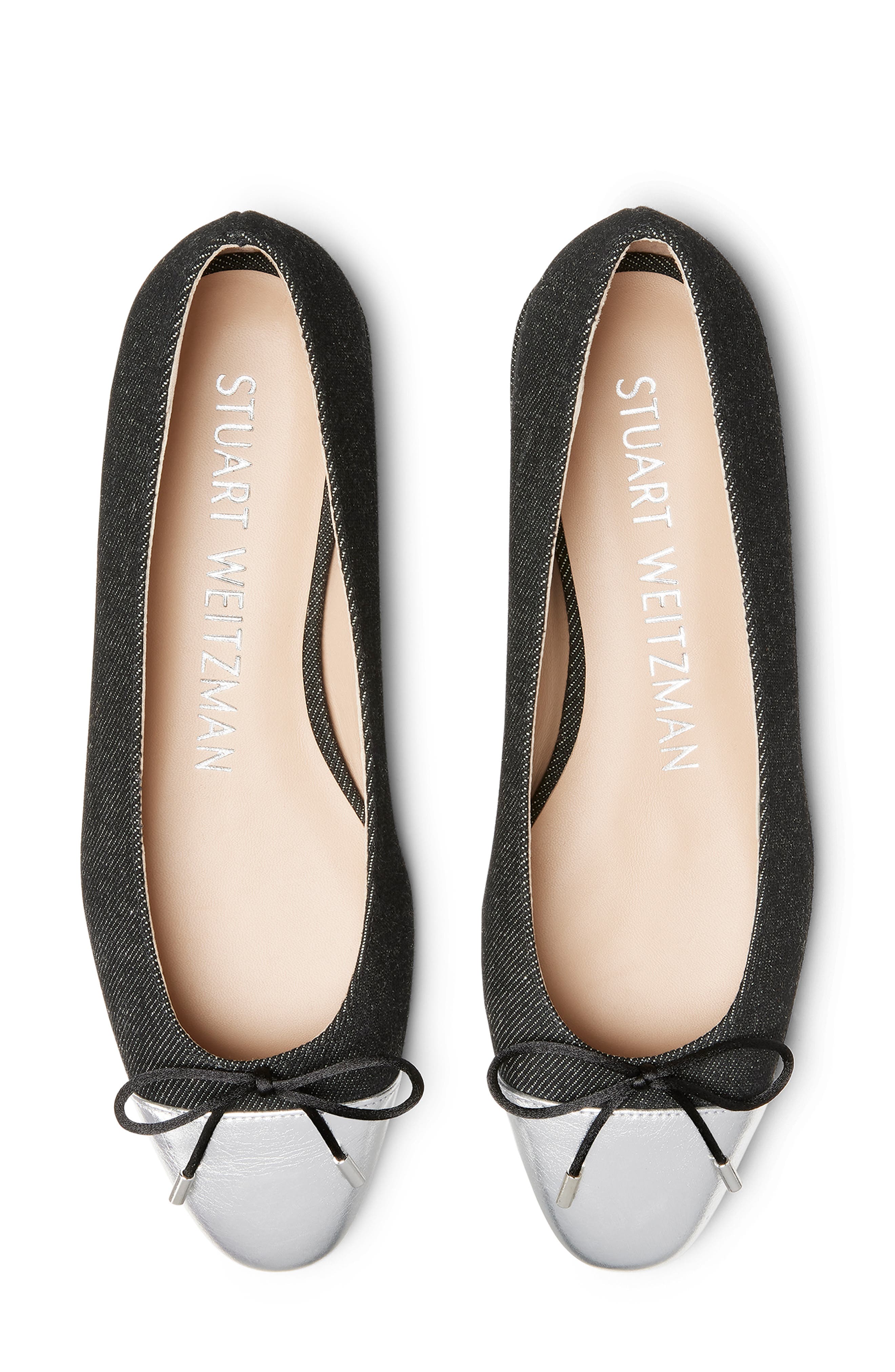 Stuart Weitzman Sleek Cap Toe Bow Flat, Alternate, color, Black/Silver