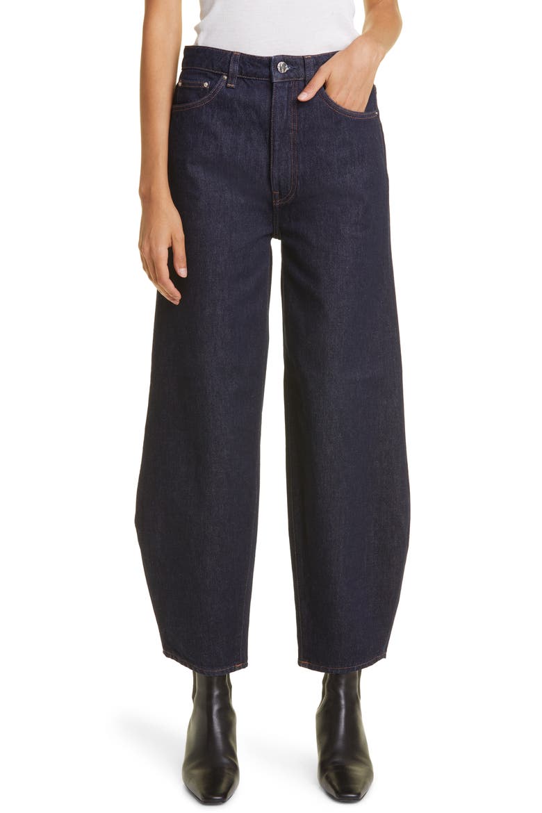 High Waist Barrel Leg Organic Cotton Raw Denim Jeans, Main, color, RAW BLUE