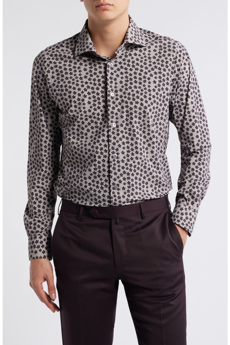 Flowers Floral Print Knit Nylon Blend Dress Shirt, Main, color, TAN