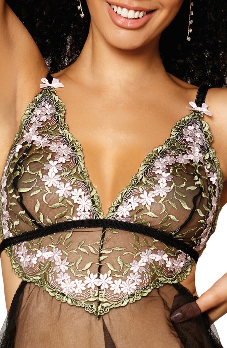 Dreamgirl Embroidered Mesh Babydoll Chemise & G-String Thong, Alternate, color, 