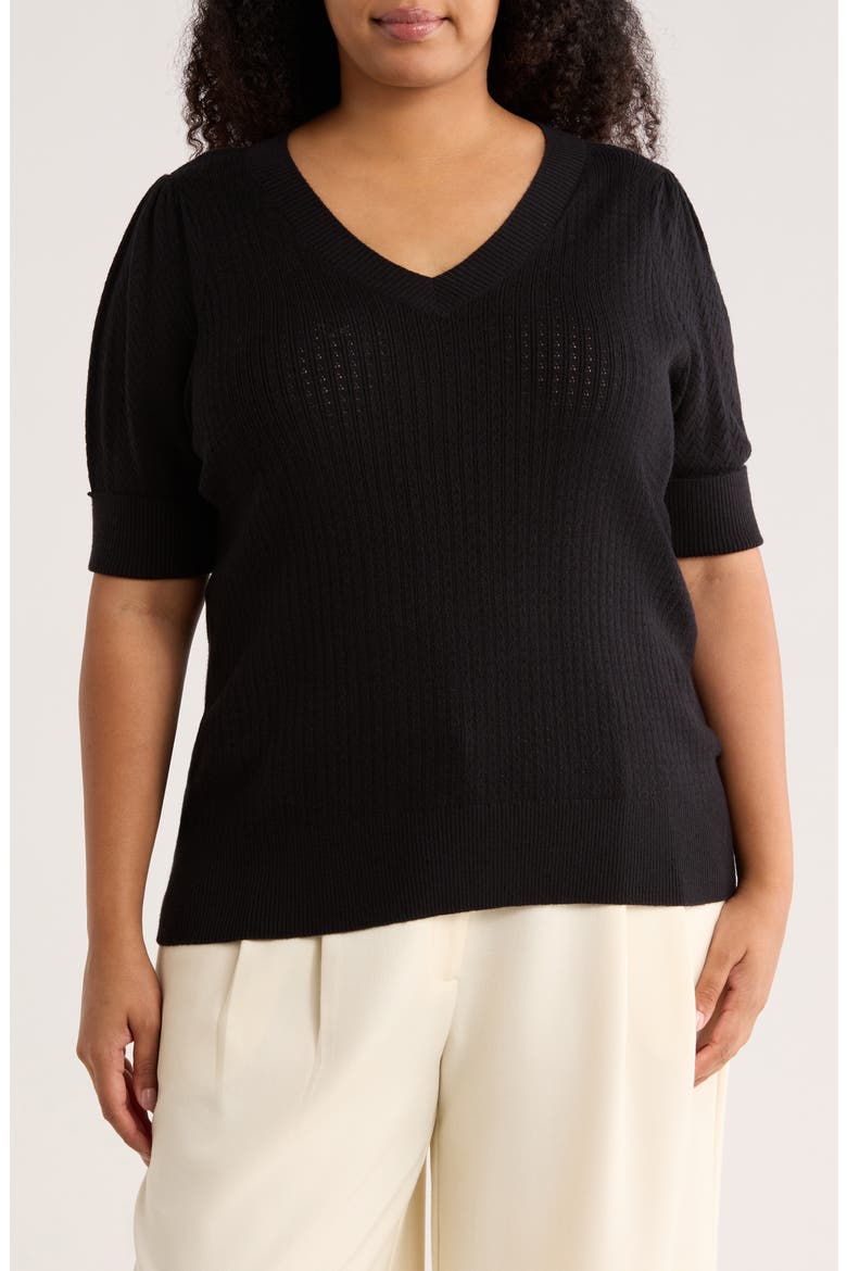 V-Neck Short Sleeve Pointelle Sweater, Main, color, P469 BLACK