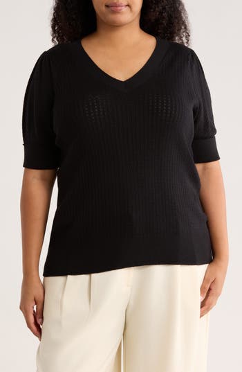 Dr2 By Daniel Rainn V-neck Short Sleeve Pointelle Sweater In Black