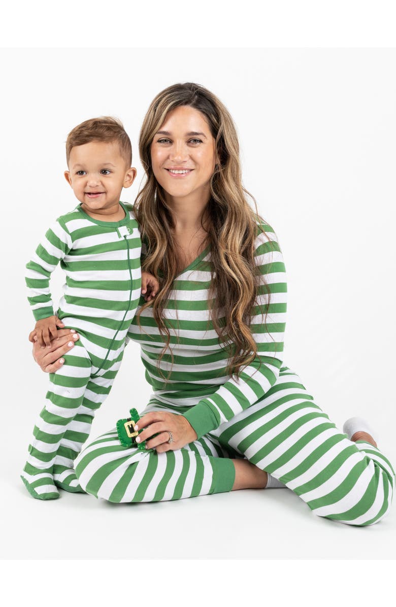 Leveret Women's Cotton Striped Matching Family Holiday Pajamas, Alternate, color, Green & White