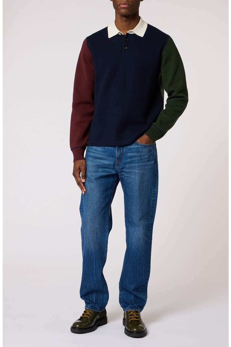 Colorblock Long Sleeve Cotton & Merino Wool Polo Sweater, Alternate, color, VERY DARK NAVY