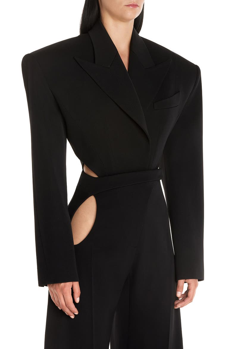 Cutout Wool Gabardine Blazer Bodysuit, Alternate, color, BLACK