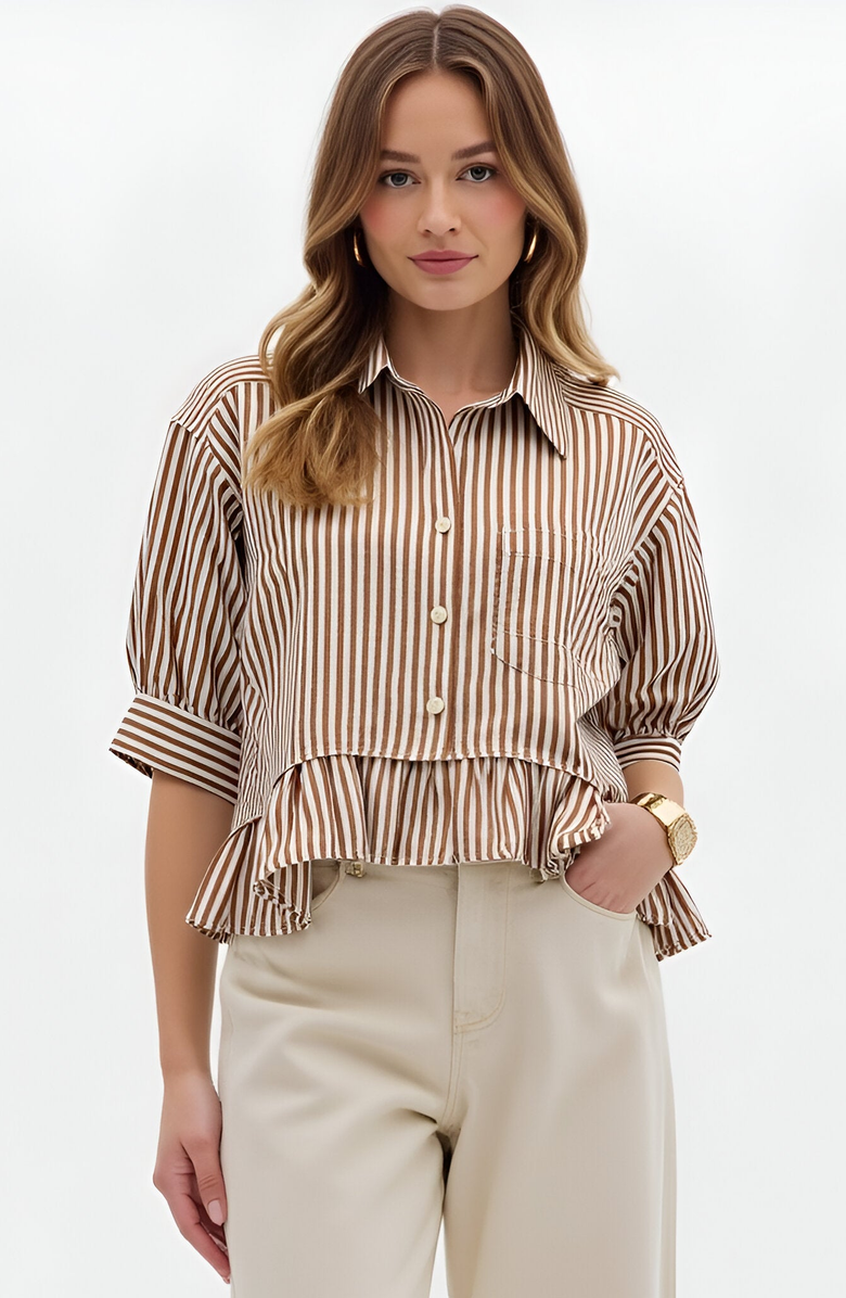 Modenaire Striped Button Front Blouse with 3/4 Sleeves and Ruffle Hem, Main, color,