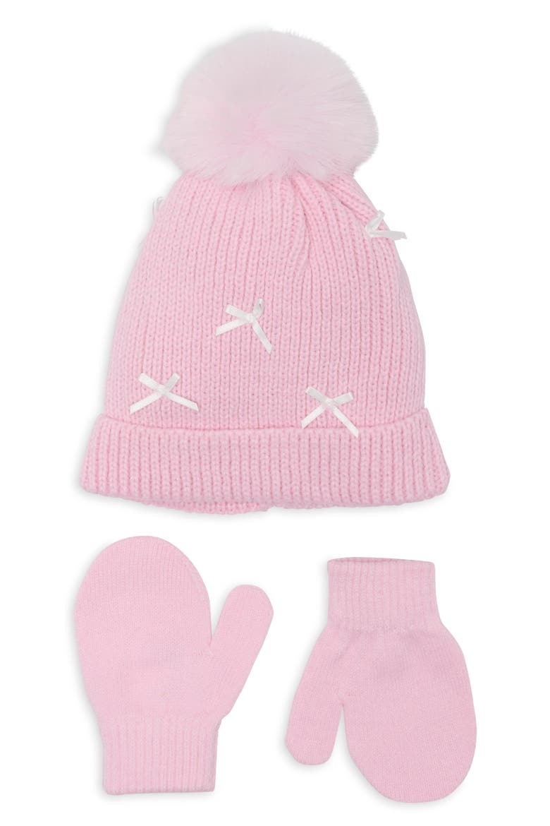 Kids' Mini Bows Faux Fur Pompom Beanie & Mittens Set, Main, color, PINK COMBO