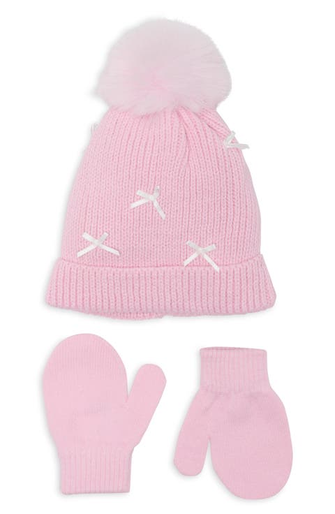 Kids' Mini Bows Faux Fur Pompom Beanie & Mittens Set