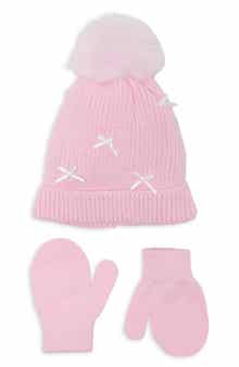 Kids' Mini Bows Faux Fur Pompom Beanie & Mittens Set