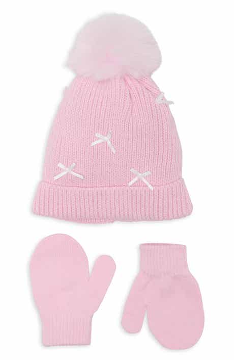Kids' Mini Bows Faux Fur Pompom Beanie & Mittens Set