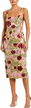 Mac Duggal Women's Floral Beaded Mesh Scoop Neck Fitted Midi Dress
