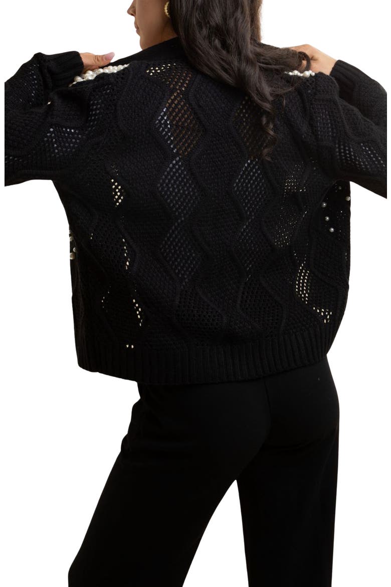 Faux Pearl Open Knit Cardigan, Alternate, color, BLACK