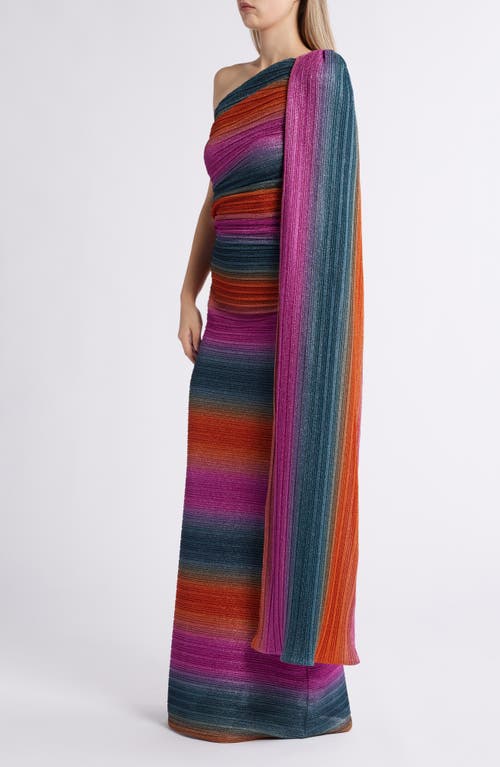 Black Halo Vella Stripe One-shoulder Gown In Pleated Hues