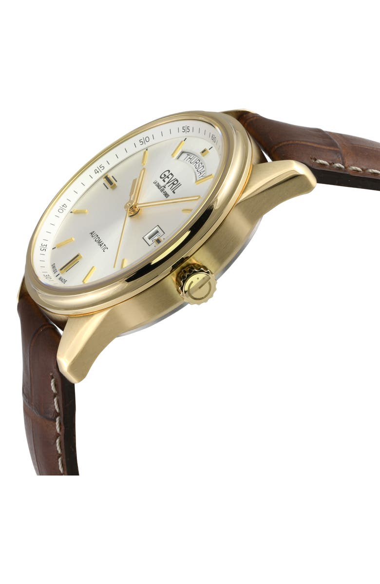 GEVRIL Excelsior Swiss Automatic Croc Embossed Leather Strap Watch, 42mm, Alternate, color, Brown
